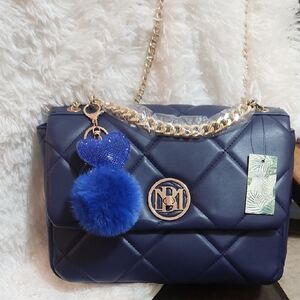 Badgley Mischka Navy Blue Quilted Handbag with Charm